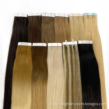 Extensión de cinta de cabello ruso Cabello humano al por mayor de la cutícula recta alineada cinta virgen en extensiones de cabello vendedores remy
